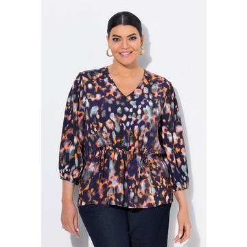 Blusa con fantasia, laccetto per l'arricciatura, scollo a V e maniche a 3/4