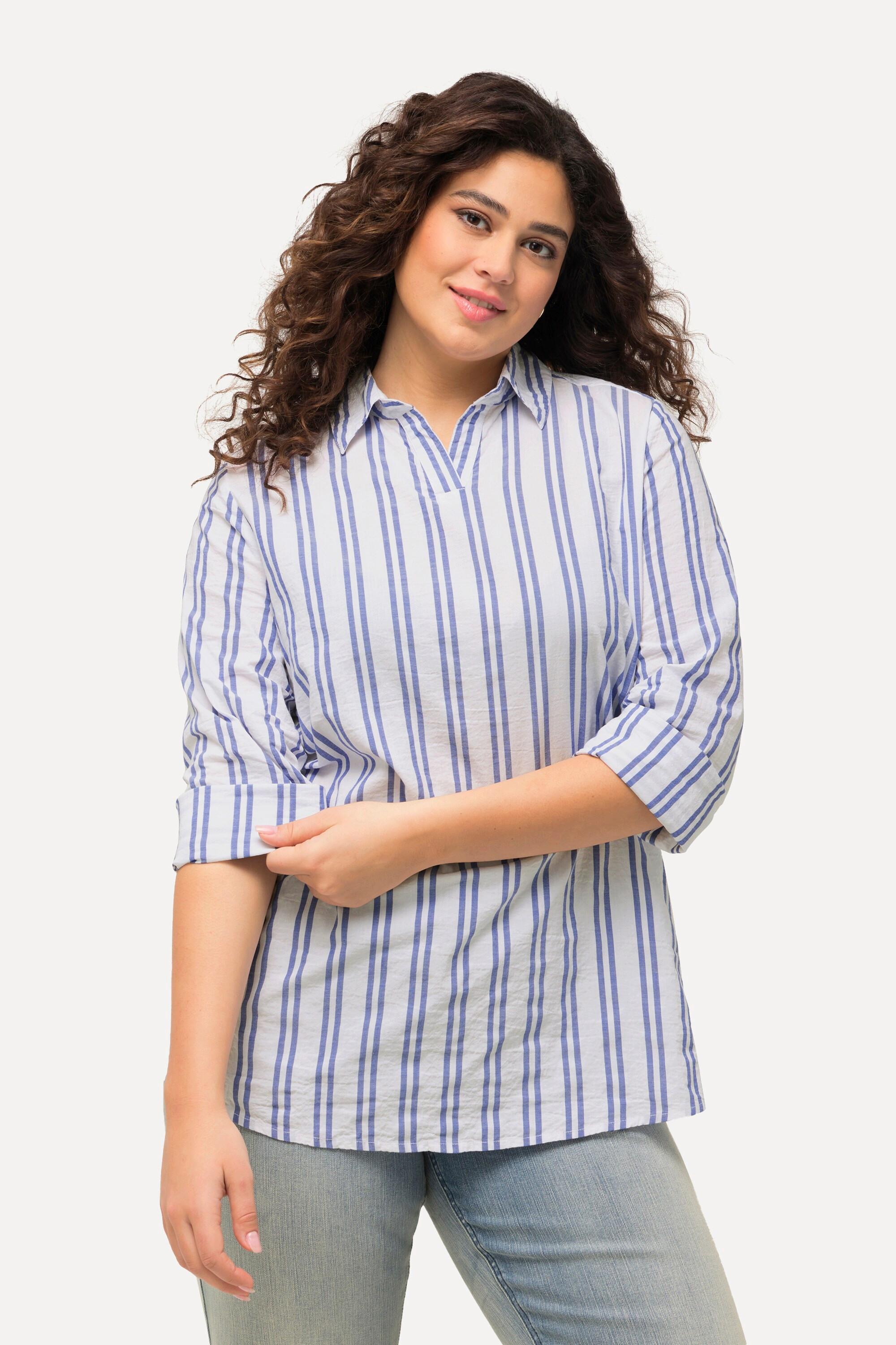 Ulla Popken Tunica a Righe Collo Camicia Scollo a V Manica Lunga  