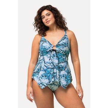 Tankini avec imprimé ailes, découpe, bonnets souples et finition en pointe. Matières recyclées