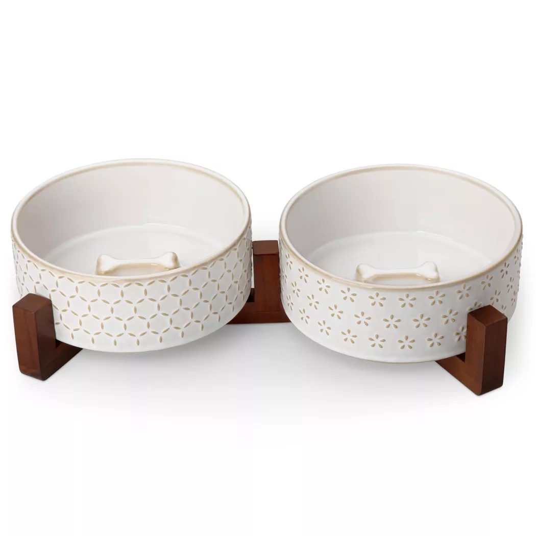 Alopini - Hundenapf aus Keramik mit Nussbaumholzständer, Doppelnäpfe für Hunde und Katzen, One Size, Offwhite