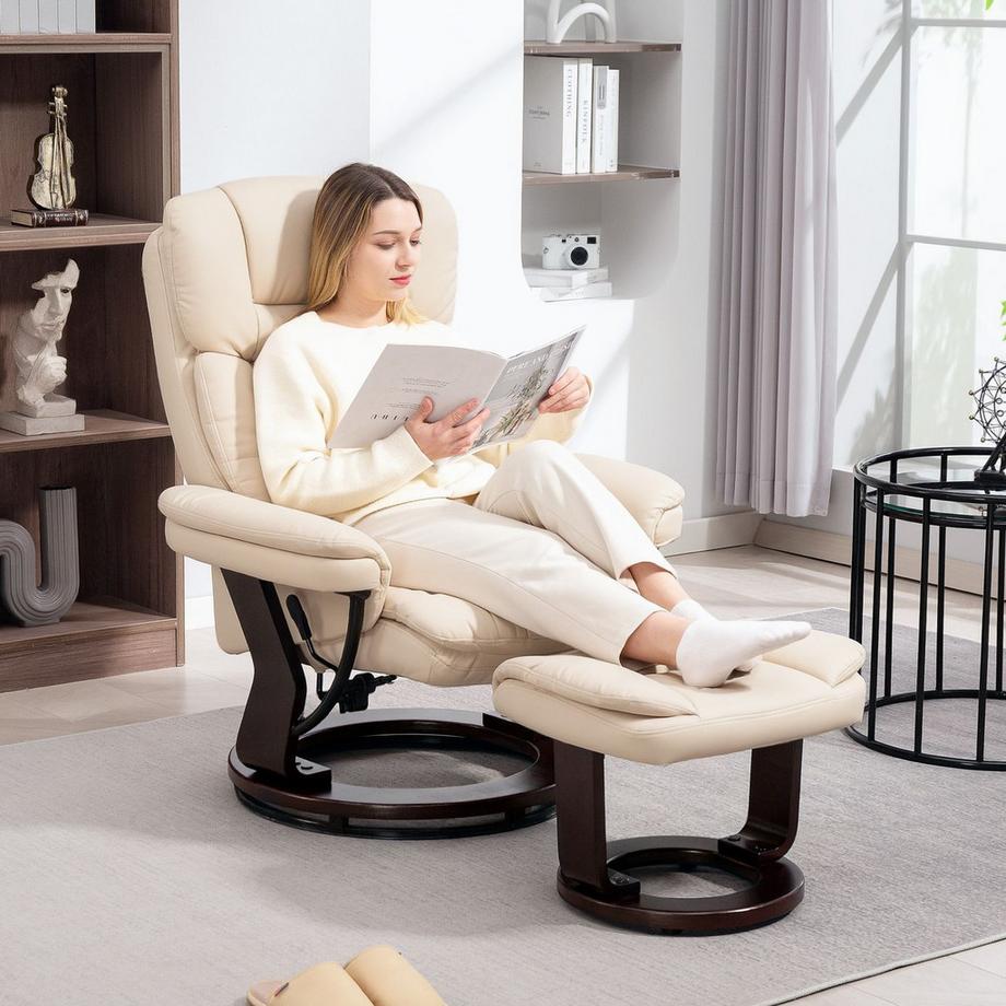 Northio Relaxsessel mit Hocker, 360°drehbarer Fernsehsessel mit Liegefunktion, TV-Sessel mit Taschenfeder für Wohnzimmer, Kunstleder, Cremeweiß Aosom  