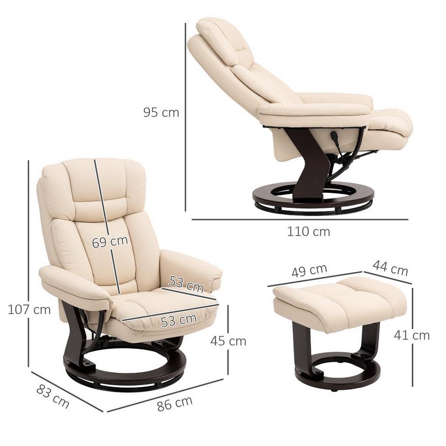 Northio Relaxsessel mit Hocker, 360°drehbarer Fernsehsessel mit Liegefunktion, TV-Sessel mit Taschenfeder für Wohnzimmer, Kunstleder, Cremeweiß Aosom  