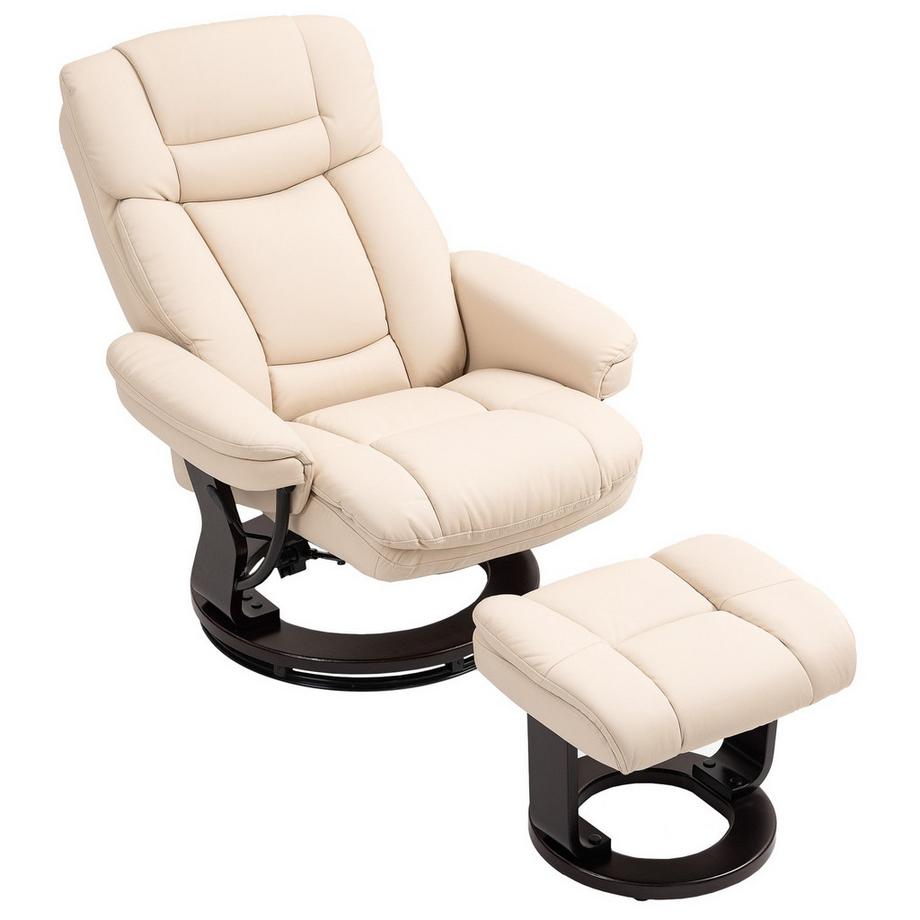 Relaxsessel mit Hocker, 360°drehbarer Fernsehsessel mit Liegefunktion, TV-Sessel mit Taschenfeder für Wohnzimmer, Kunstleder, Cremeweiß Aosom
