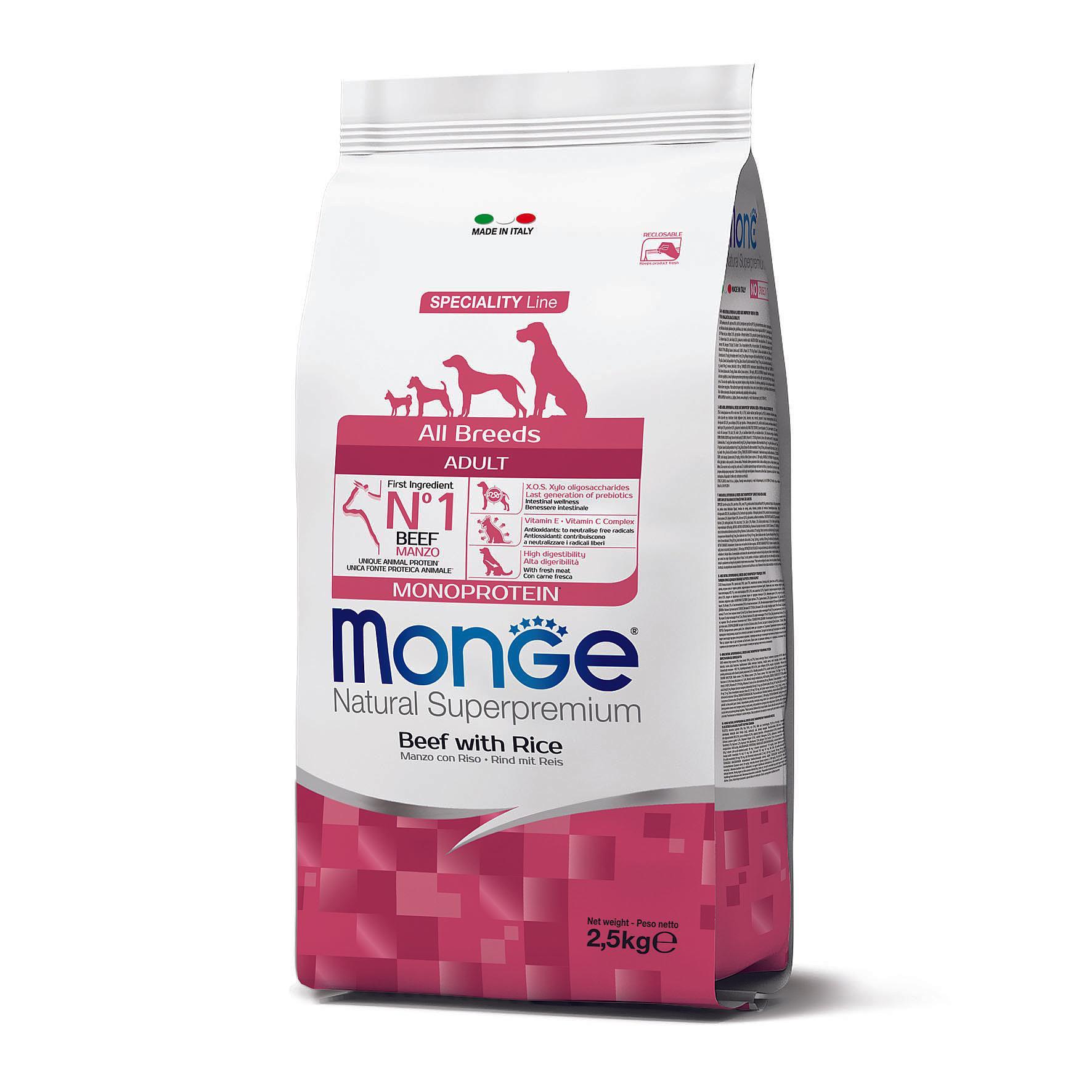 Monge  Dog Adult All Breeds Rind & Reis, 2.5kg 