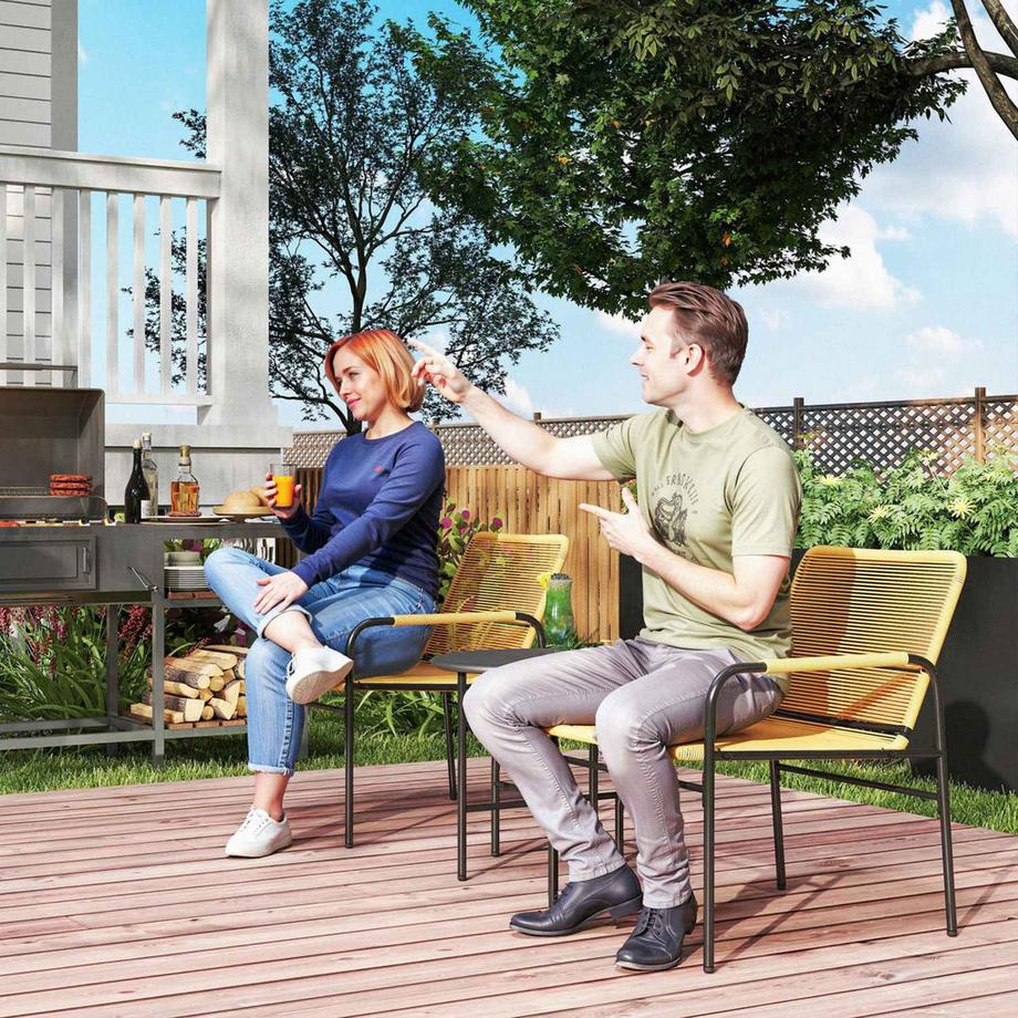 Northio 3-tlg. Rattan Bistroset, Sitzgruppe, Gartengarnitur mit 2 Gartensesseln, Couchtisch, Balkonmöbel-Set für Garten, Terrasse, Stahl, Gelb |  