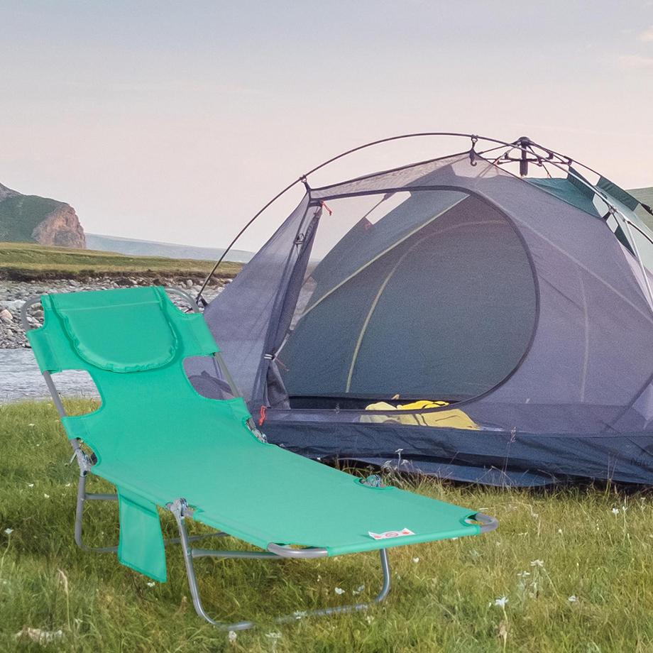 Northio Sonnenliege klappbar Gartenliege mit Lesefenster, Kopfkissen, Liegestuhl mit 5-Fach verstellbare Rückenlehne, wetterfeste Campingliege bis 120 kg belastbar, für Garten Strand Pool, Grün  