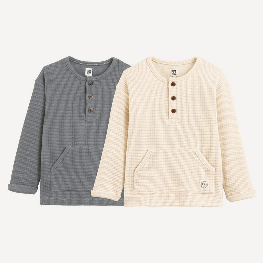 2er-Pack Langarm-T-Shirts mit Henley-Ausschnitt aus Waffeljersey