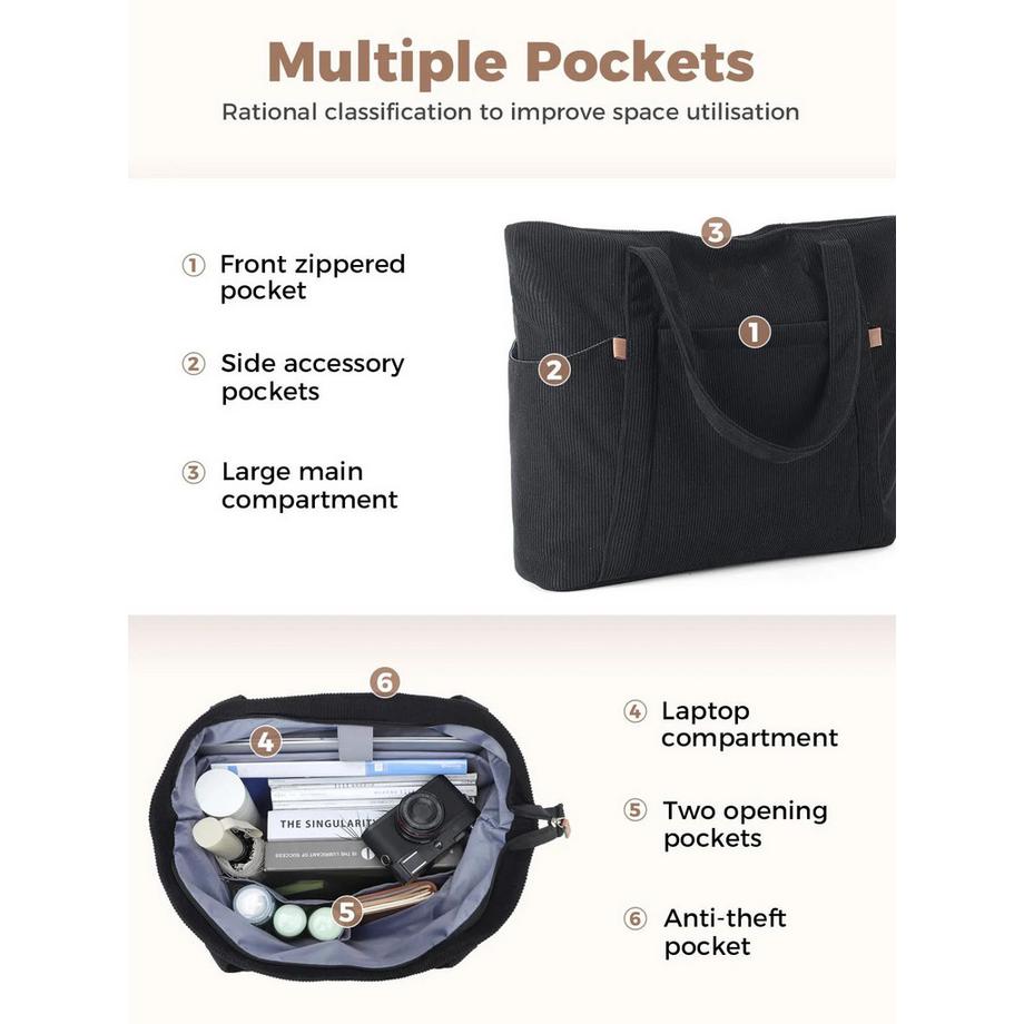 Only-bags.store Cord Tasche Grosser Shopper mit Reissverschluss und Laptopfach  