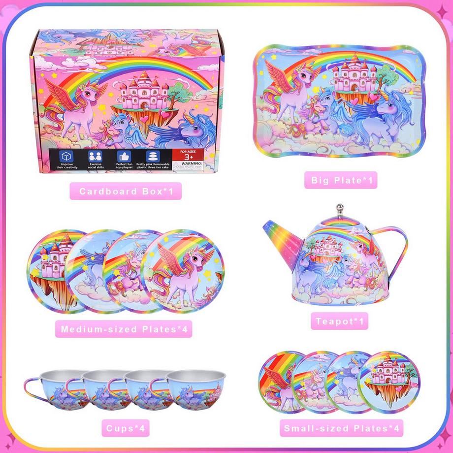 Activity-board  Einhorn Wackelkäfer Teeservice Tin Teekanne Set für Kinder Tee Party lustiges 