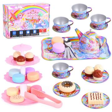 Set de thé pour enfants, set de théière en étain pour jouer au château de la licorne, set de fête pour enfants avec théière, plats et dessert