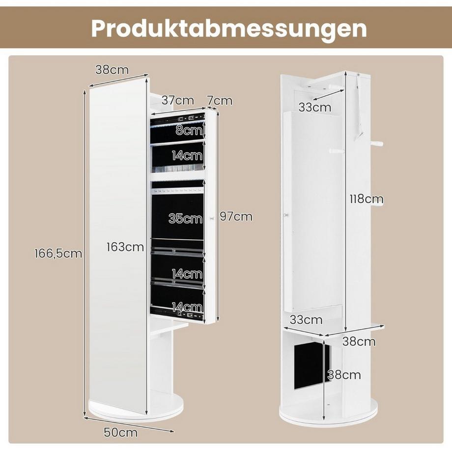 Northix 360° Drehbarer Schmuckschrank mit Spiegel & LED-Leuchten Freistehender Spiegelschrank  