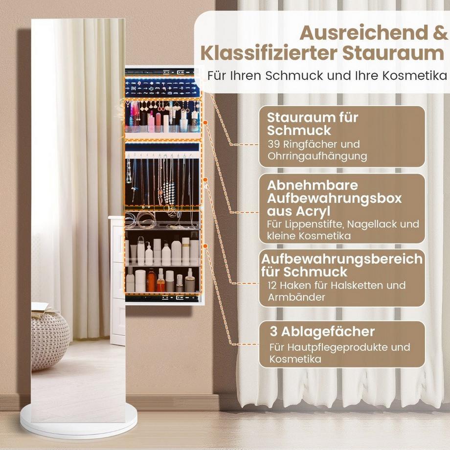 Northix 360° Drehbarer Schmuckschrank mit Spiegel & LED-Leuchten Freistehender Spiegelschrank  