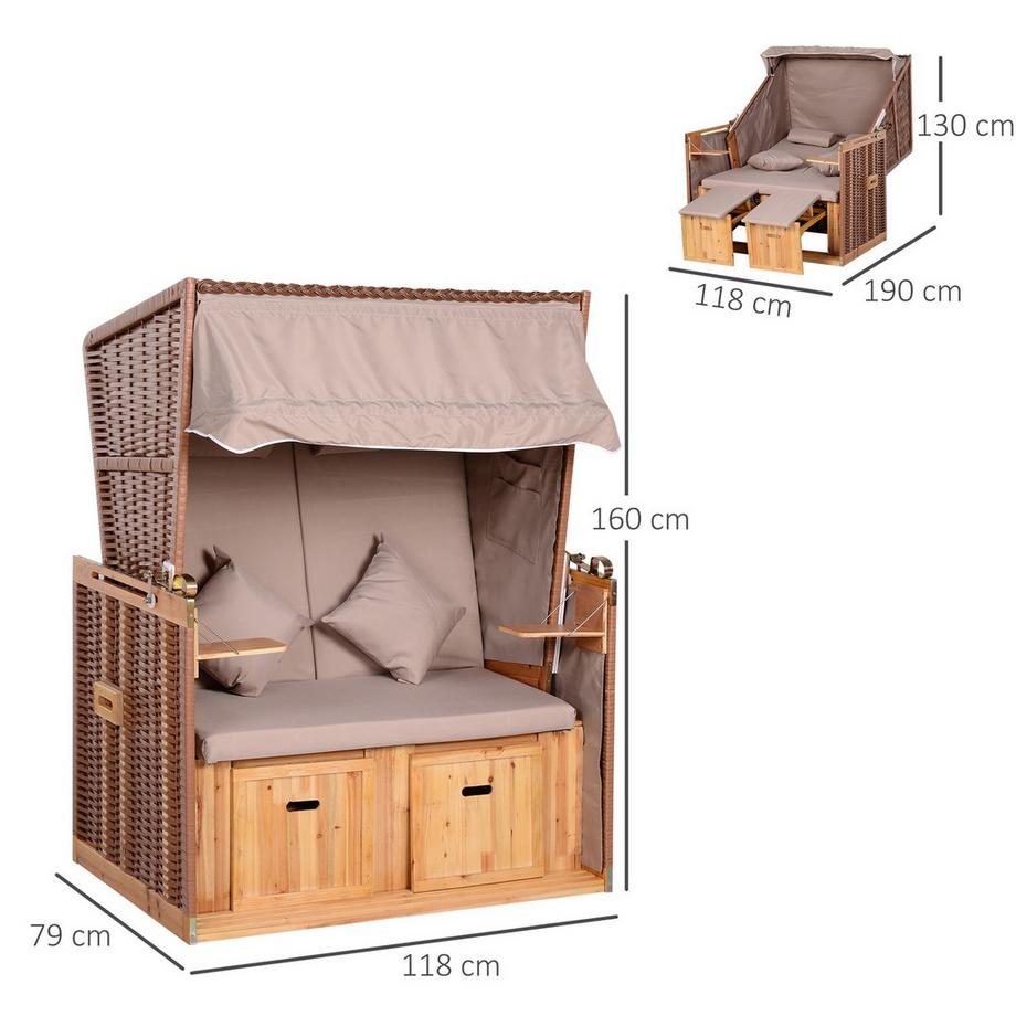 Northio Strandkorb Mit Sitzhocker Und Klapptisch Volllieger Gartenliege Getrankehaltern Pe Rattan Beige 118 X 79 X 160 Cm  