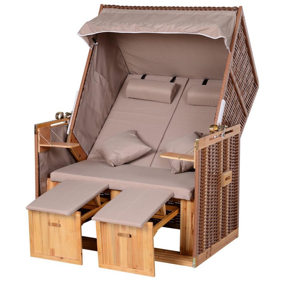 Strandkorb Mit Sitzhocker Und Klapptisch Volllieger Gartenliege Getrankehaltern Pe Rattan Beige 118 X 79 X 160 Cm