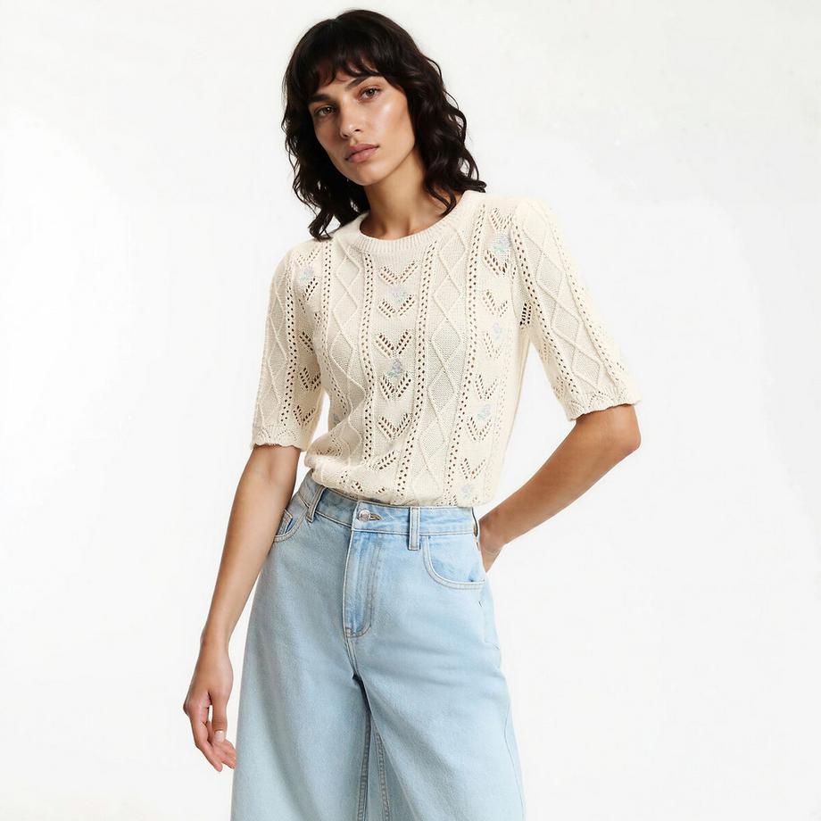 Feinstrickpullover mit Rundhalsausschnitt & Pointelle-Muster