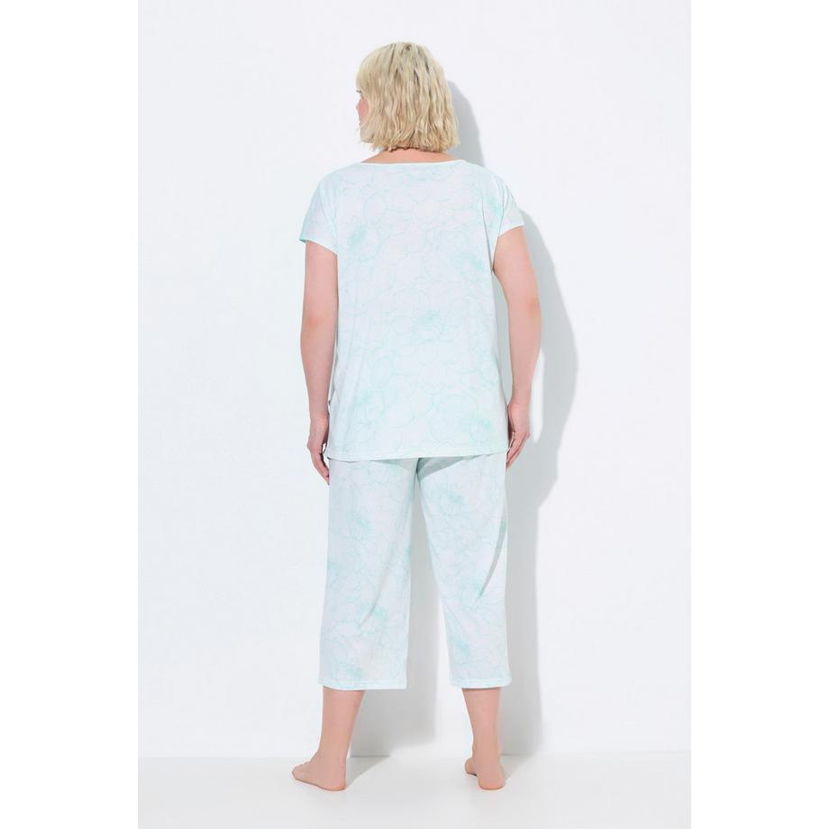 Ulla Popken Oversized Pyjama Blüten Print Rundhals 7/8-Hose  