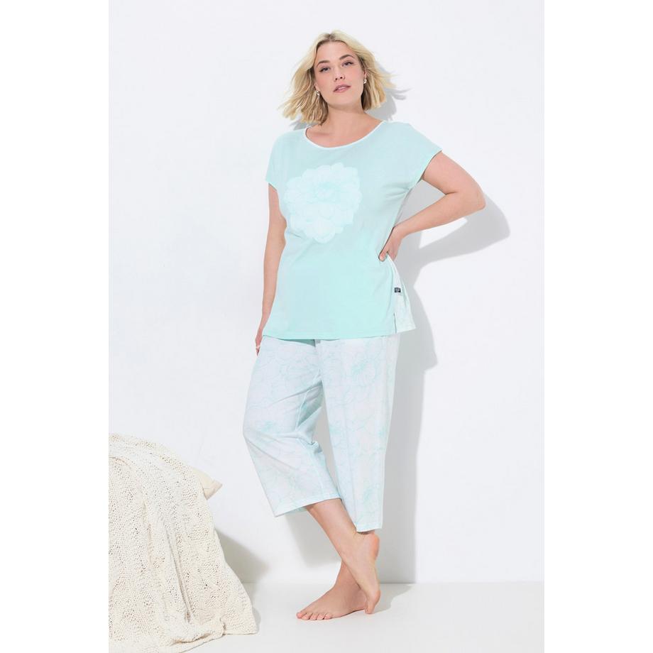 Ulla Popken Oversized Pyjama Blüten Print Rundhals 7/8-Hose  