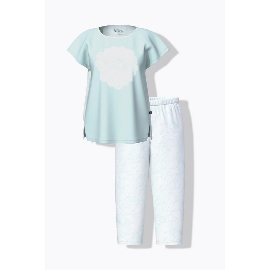 Ulla Popken Oversized Pyjama Blüten Print Rundhals 7/8-Hose  