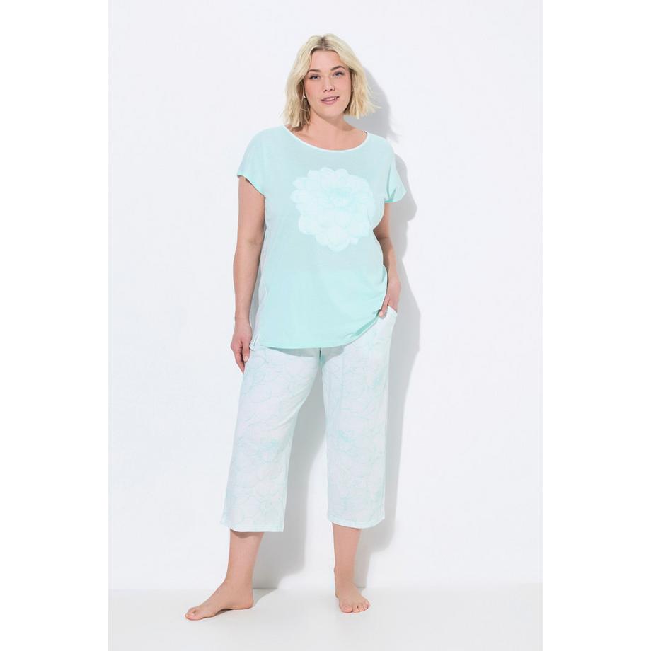 Ulla Popken Oversized Pyjama Blüten Print Rundhals 7/8-Hose  