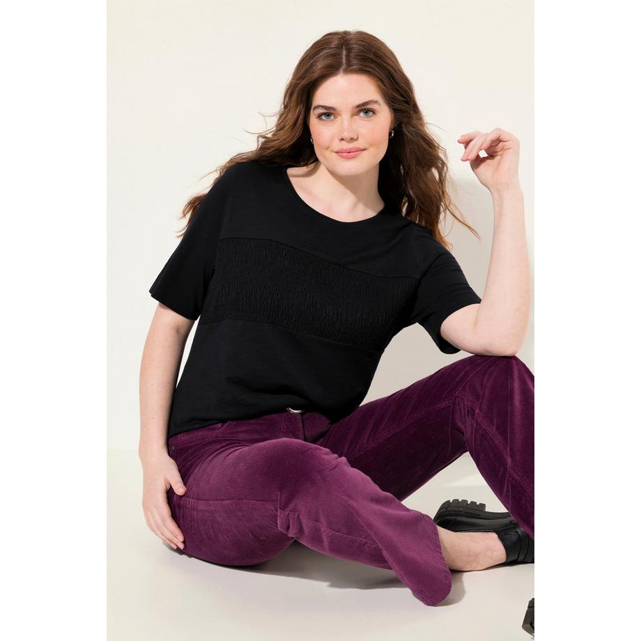 Ulla Popken T-shirt Rayures Smockées Col Rond Manches Courtes  