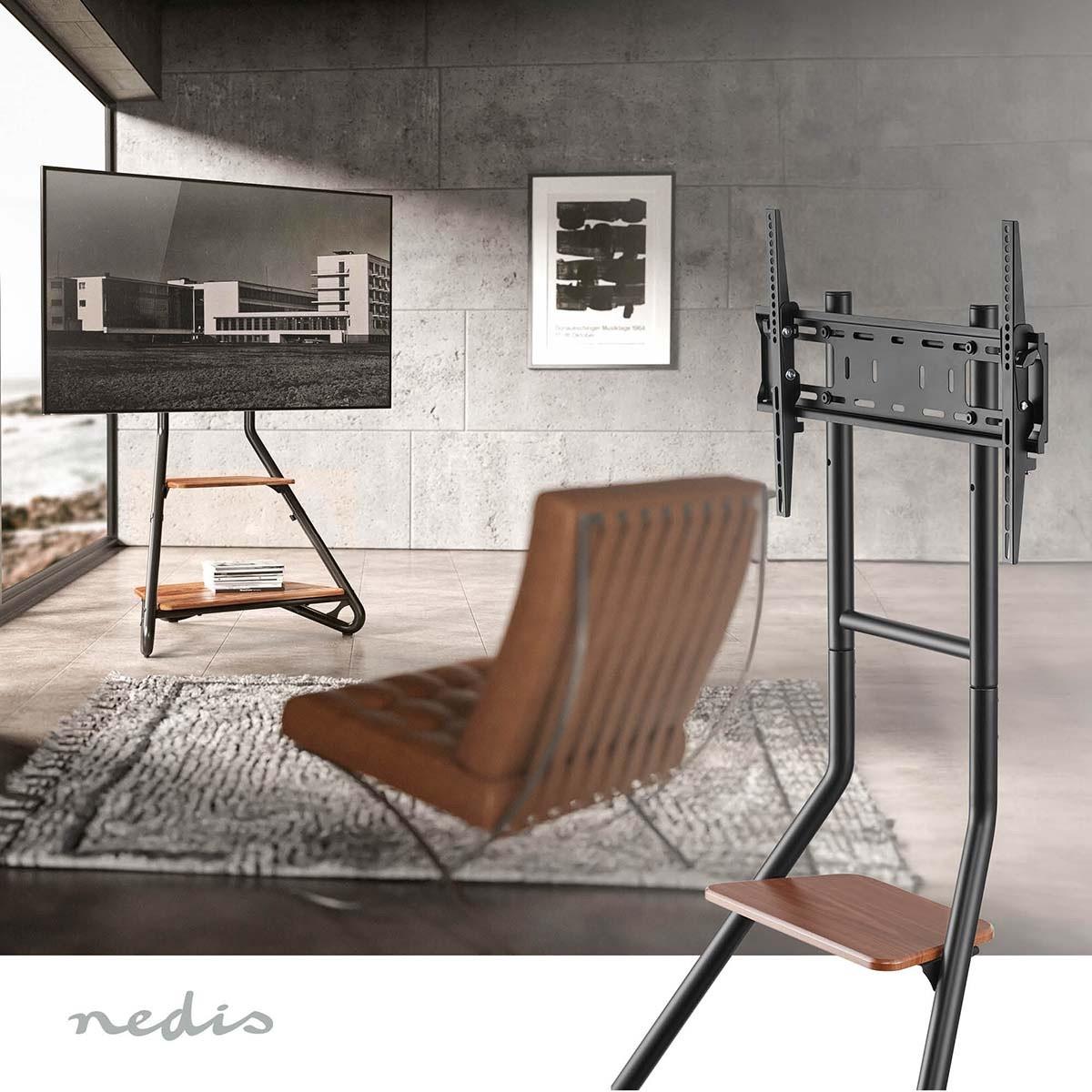 Nedis  Support TV sur Pied | 37 - 75 " | Poids d'écran maximal pris en charge: 40 kg | Bauhaus Design | Hauteurs pré-fixées réglables | Acier / MDF | Marron / Noir 