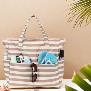 Only-bags.store Große gestreifte wasserdichte Strandtasche mit Reißverschluss  