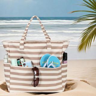 Only-bags.store Große gestreifte wasserdichte Strandtasche mit Reißverschluss  