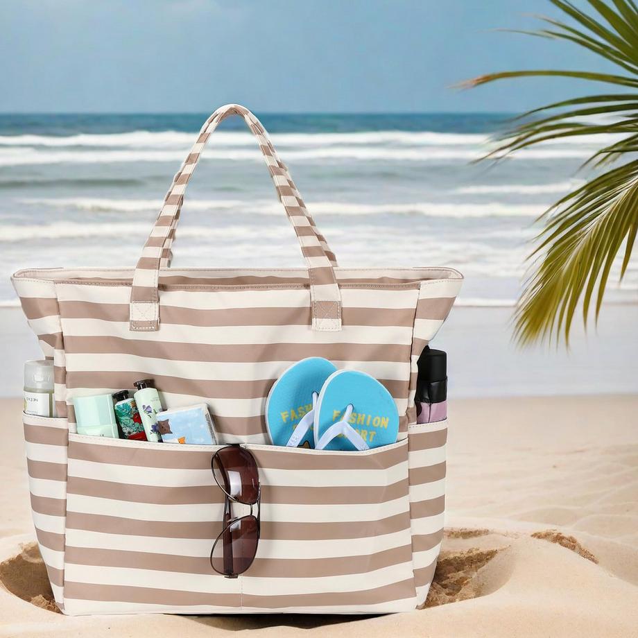 Only-bags.store Grand sac de plage rayé imperméable avec fermeture éclair  