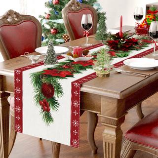 Alopini Chemin de table de Noël en lin avec fleurs et cloches d'arbre de Noël, longue nappe rectangulaire de Noël pour la décoration de la table du dîner de Noël  