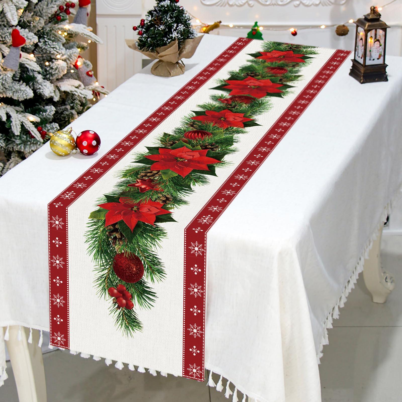 Alopini Chemin de table de Noël en lin avec fleurs et cloches d'arbre de Noël, longue nappe rectangulaire de Noël pour la décoration de la table du dîner de Noël  