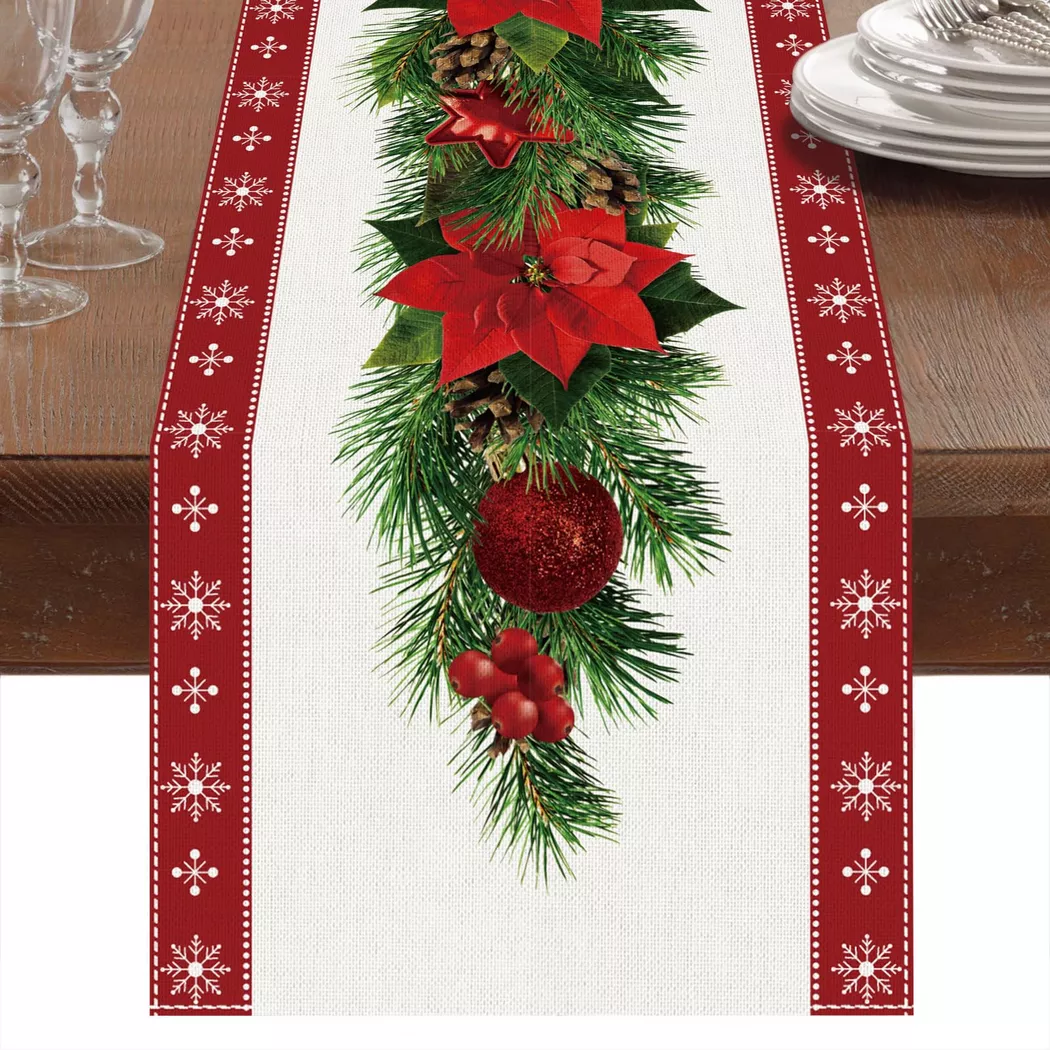 Alopini - Weihnachten Tisch Läufer Leinen mit Blumen Weihnachtsbaum Glocken Print, lange rechteckige Weihnachten Tischdecke für Weihnachten Abendessen Tischdekoration, One Size, Multicolor
