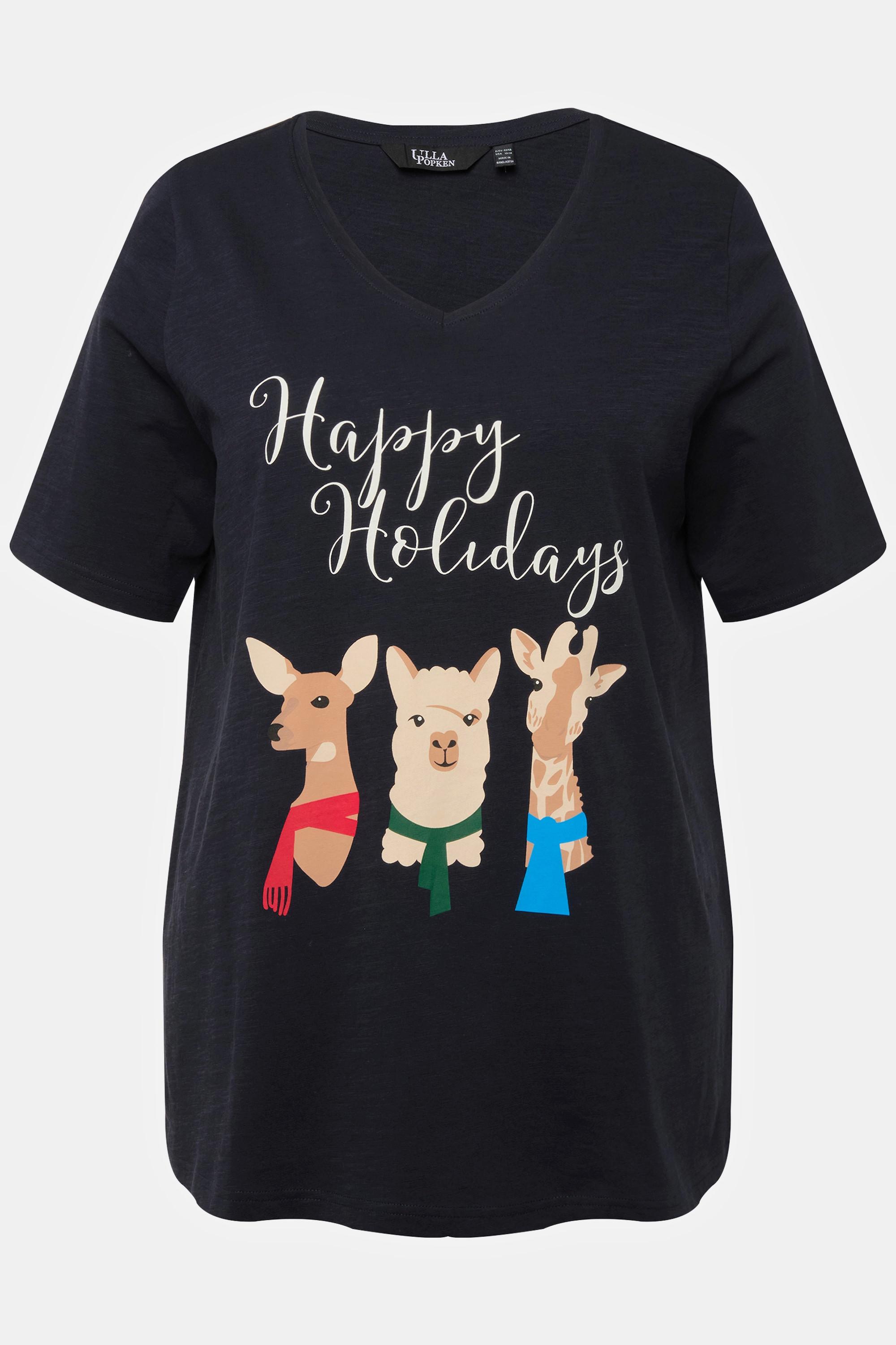 Ulla Popken  Weihnachts-Shirt, Tiere, A-Linie, V-Ausschnitt, Halbarm 