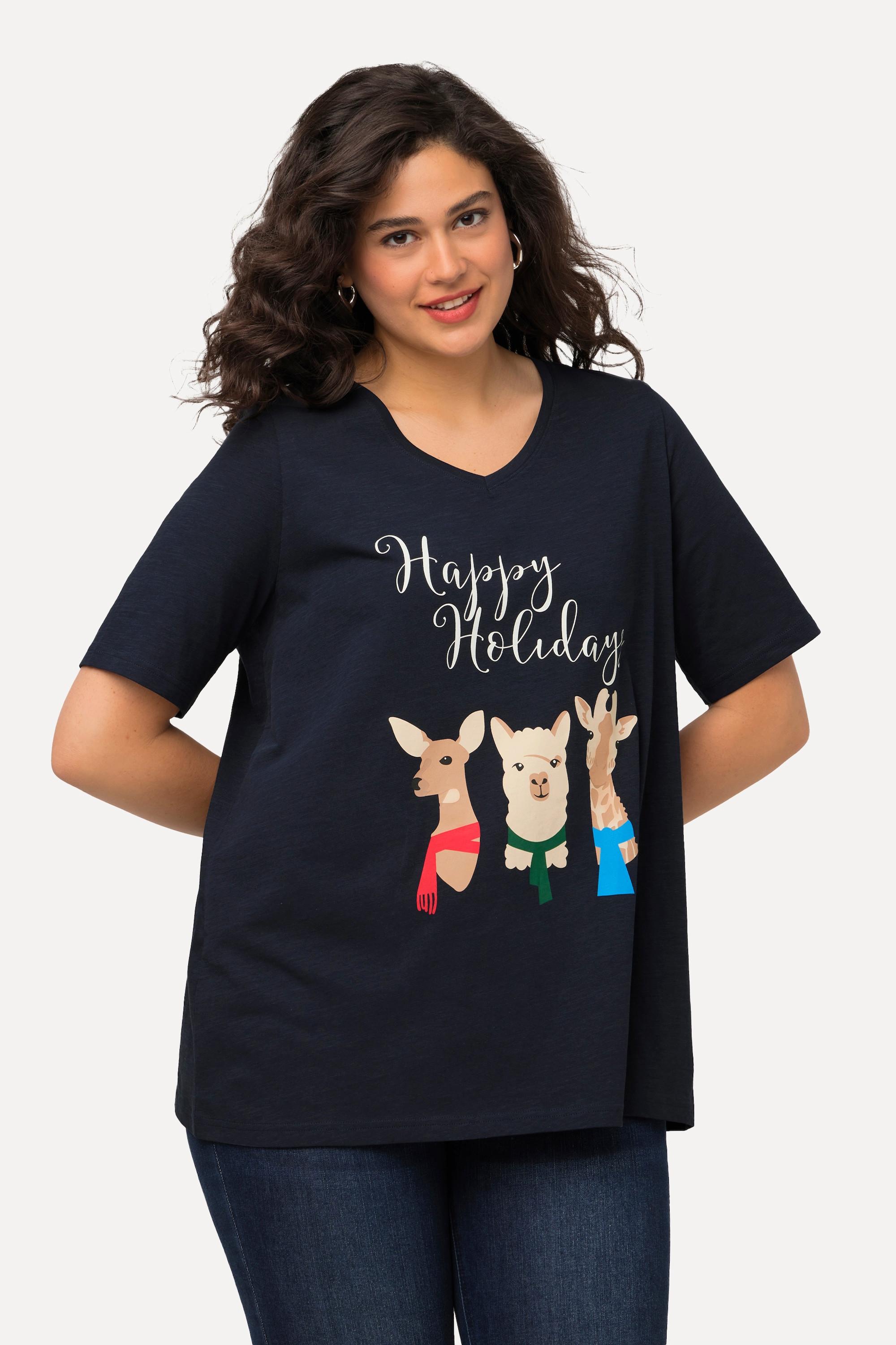 Ulla Popken  Weihnachts-Shirt, Tiere, A-Linie, V-Ausschnitt, Halbarm 