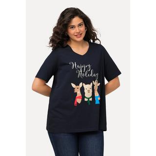 Ulla Popken  T-shirt de Noël à manches courtes et col V, silhouette en A, motif animaux 