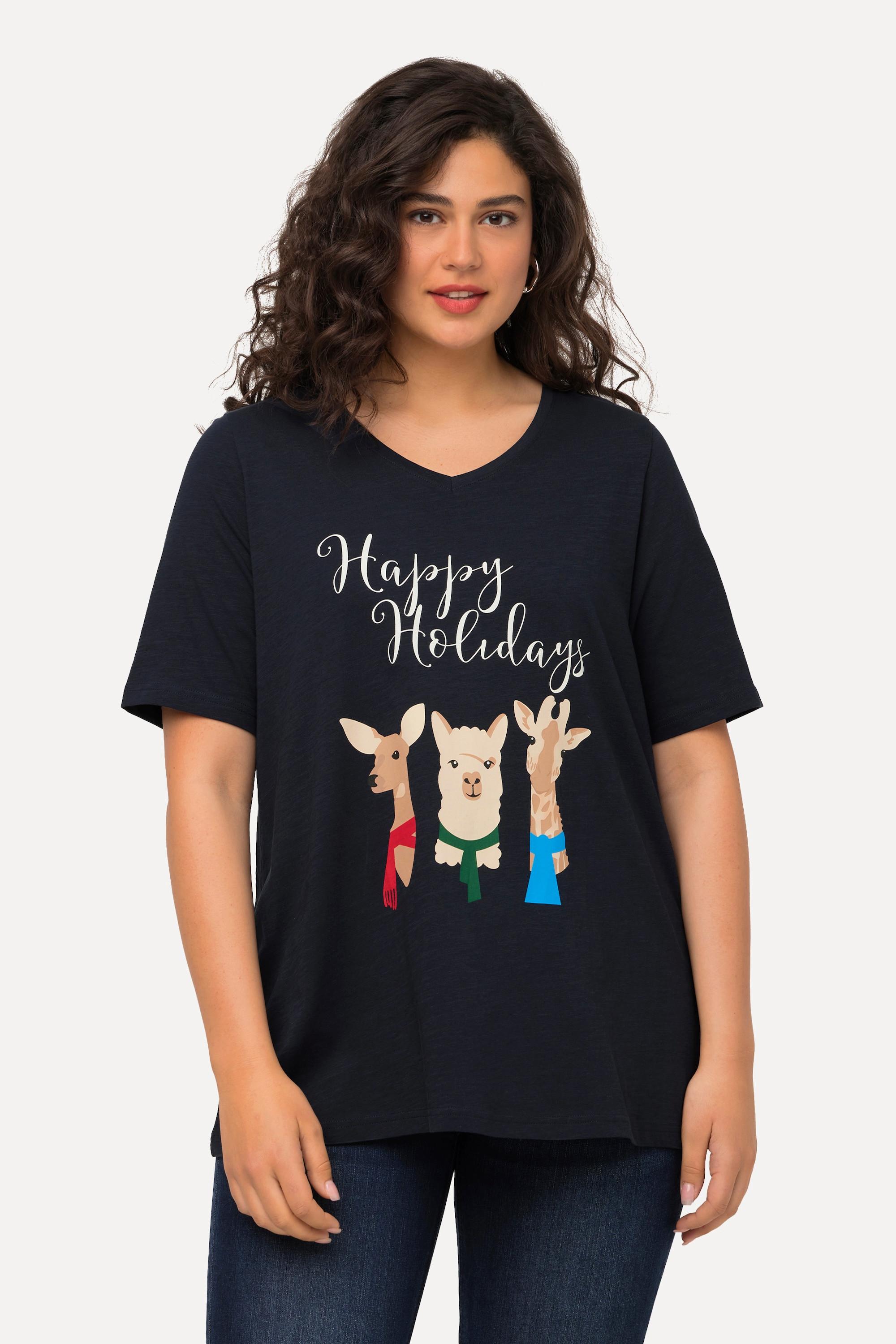 Ulla Popken  Weihnachts-Shirt, Tiere, A-Linie, V-Ausschnitt, Halbarm 