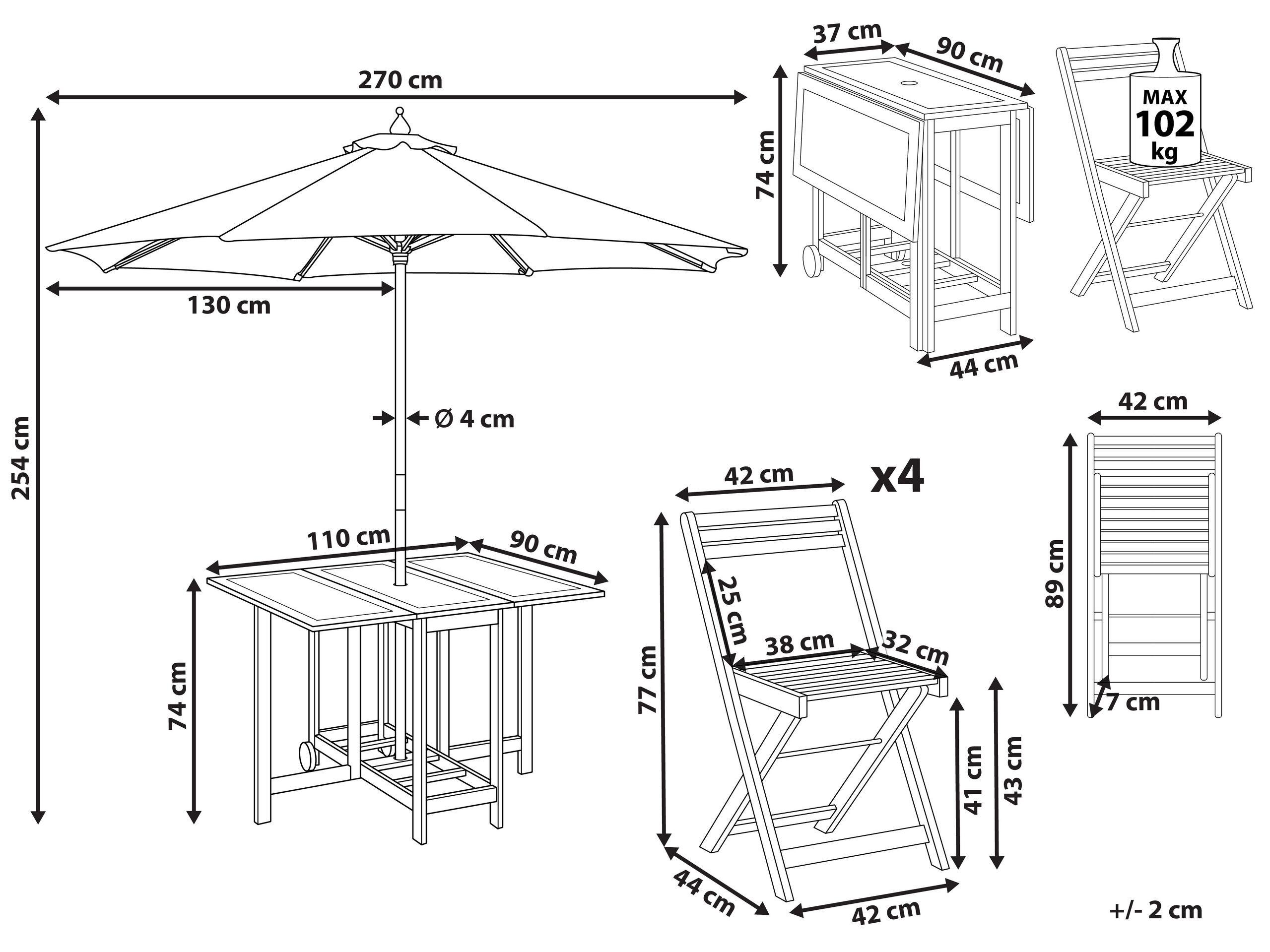 Beliani Table avec chaises et parasol en Acacia Traditionnel FRASSINE  