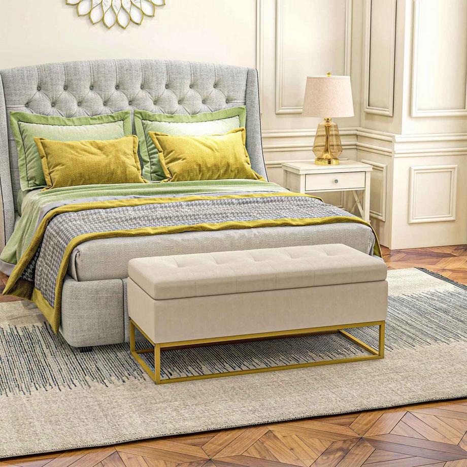 Northio  Sitzbank Mit Stauraum Polsterbank Mit Klappdeckel In Samtoptik, Bettbank Mit Stahlbeinen, Beige, 110X44X49Cm 