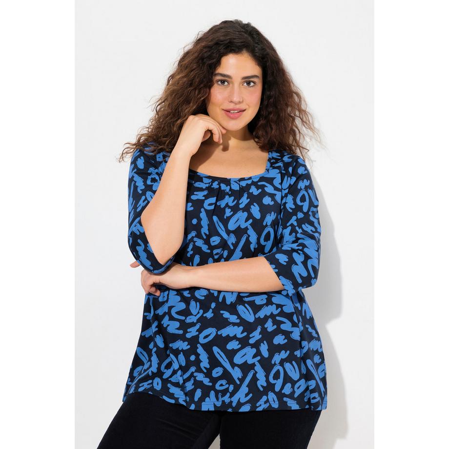 Ulla Popken A-Linie Shirt Zierfalten Carree-Ausschnitt 3/4-Arm  
