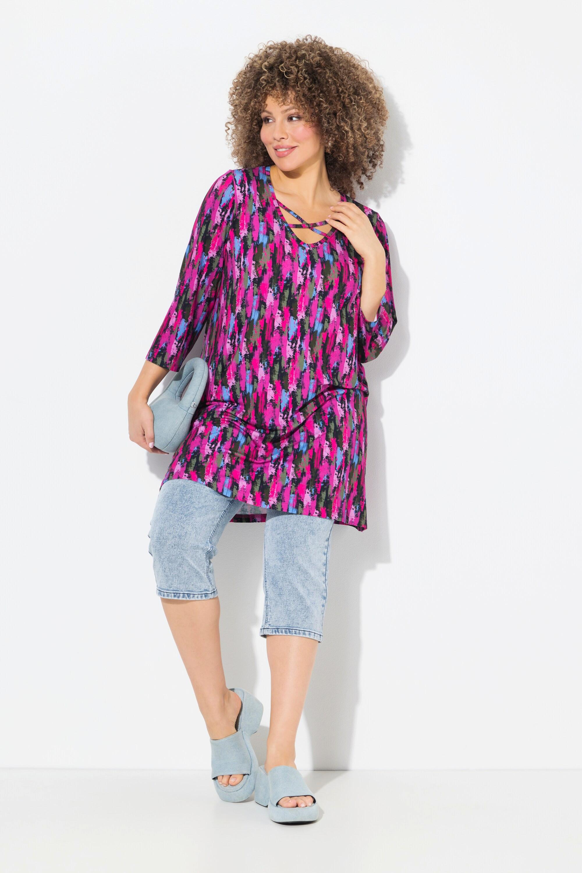 Ulla Popken T-shirt long A-Line Rubans Fantaisie Décolleté V Manches 3/4  