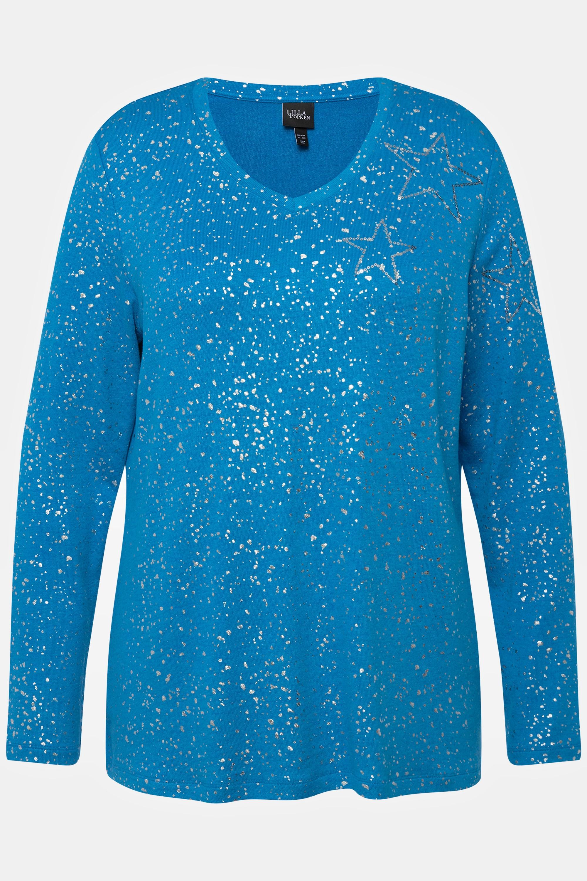 Ulla Popken  Sweat-shirt à col en V et manches longues, motif étoile dans l'esprit de Noël 