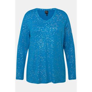 Ulla Popken  Sweat-shirt à col en V et manches longues, motif étoile dans l'esprit de Noël 