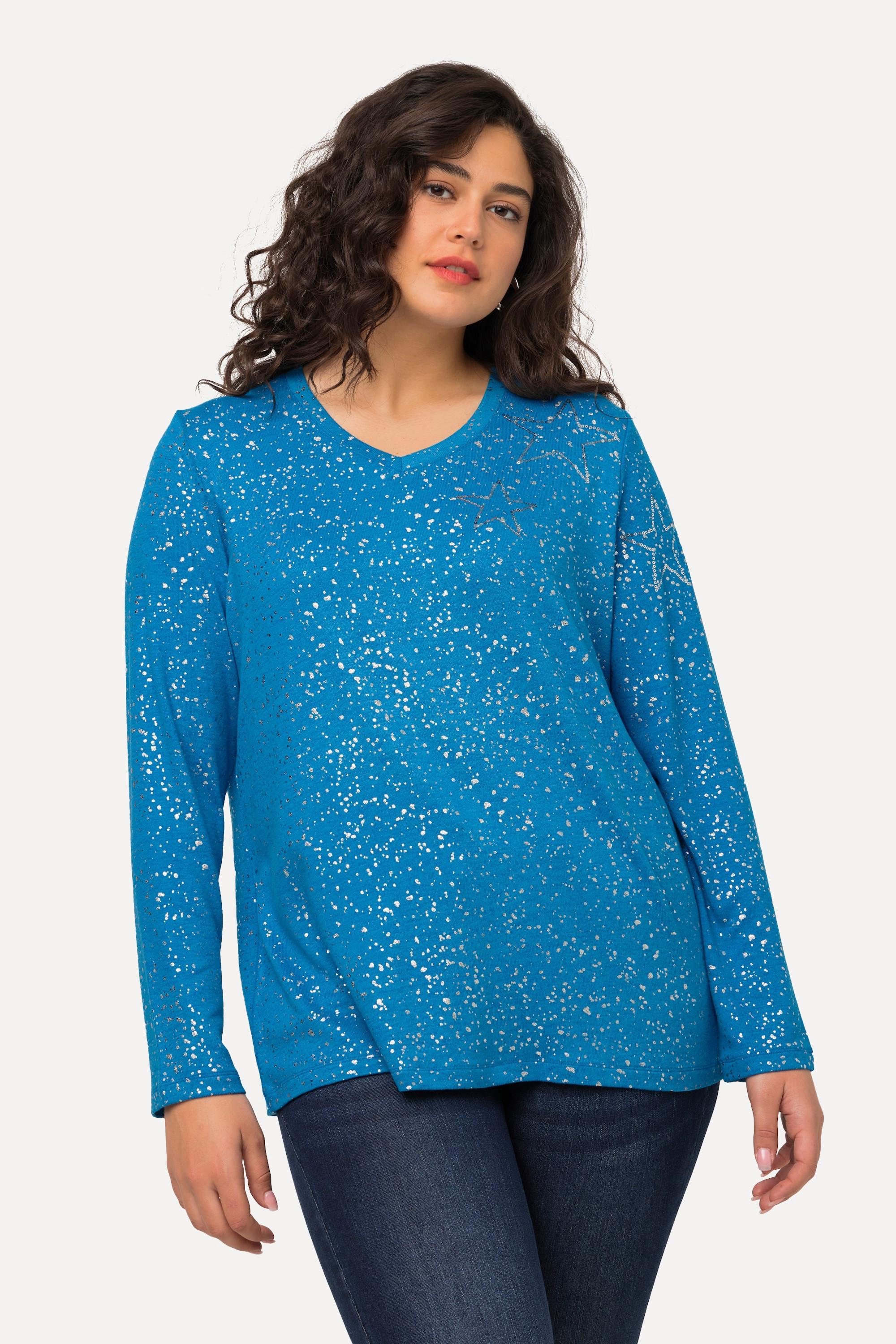 Ulla Popken  Sweat-shirt à col en V et manches longues, motif étoile dans l'esprit de Noël 