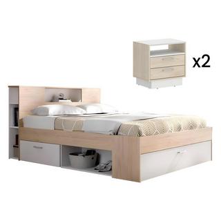 Vente-unique Lit avec tête de lit rangements et tiroirs - 140 x 190 cm - Coloris : Naturel et blanc + Chevets - LEANDRE  