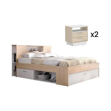 Lit avec tête de lit rangements et tiroirs - 140 x 190 cm - Coloris : Naturel et blanc + Chevets - LEANDRE