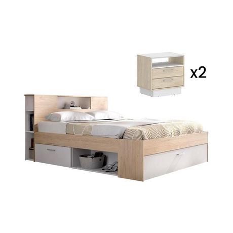 Vente-unique Lit avec tête de lit rangements et tiroirs - 140 x 190 cm - Coloris : Naturel et blanc + Chevets - LEANDRE  