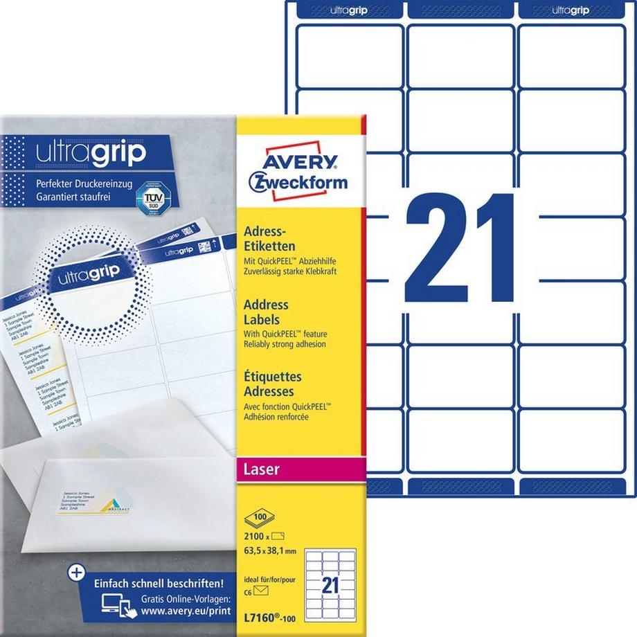 Avery-Zweckform AVERY ZWECKFORM Adressetiketten 63,5x38,1mm L7160-100 weiss 2100 Stk./100 Blatt  