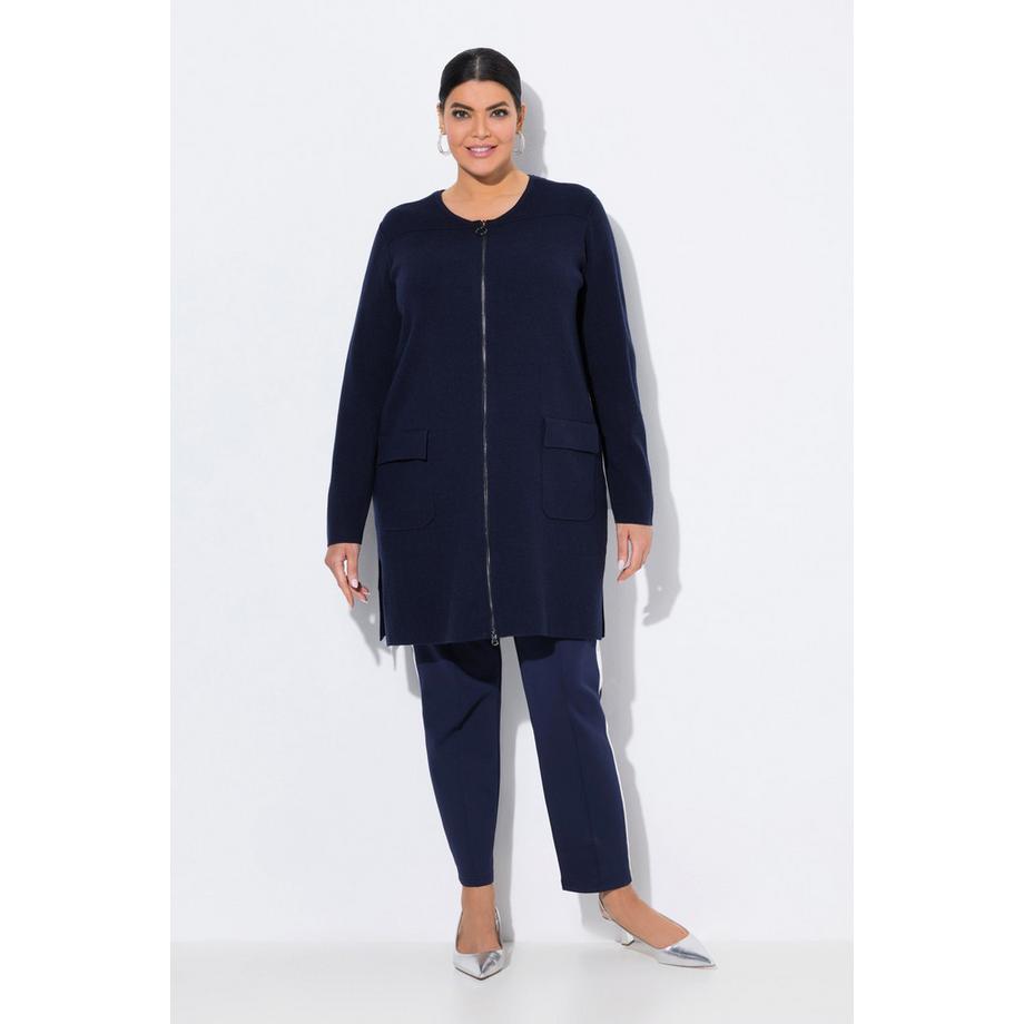 Ulla Popken Cardigan Col Rond en Fines Côtes avec Fermeture Éclair à Double Sens  