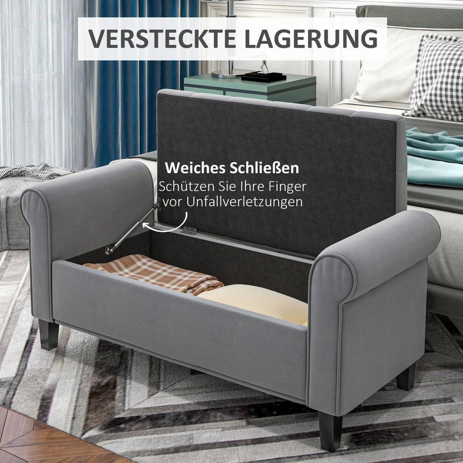 Northio  Sitzbank Mit Stauraum Polsterbank, Bettbank, In Samtoptik, Flurbank Für Schlafzimmer, Bis 120 Kg Belastbar, Grau, 126 X 48,5 X 57 Cm 
