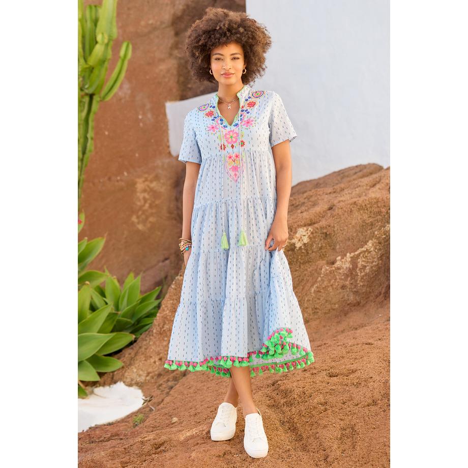 Robe Midi Brodée avec Encolure à Nouer et Finition Pampilles
