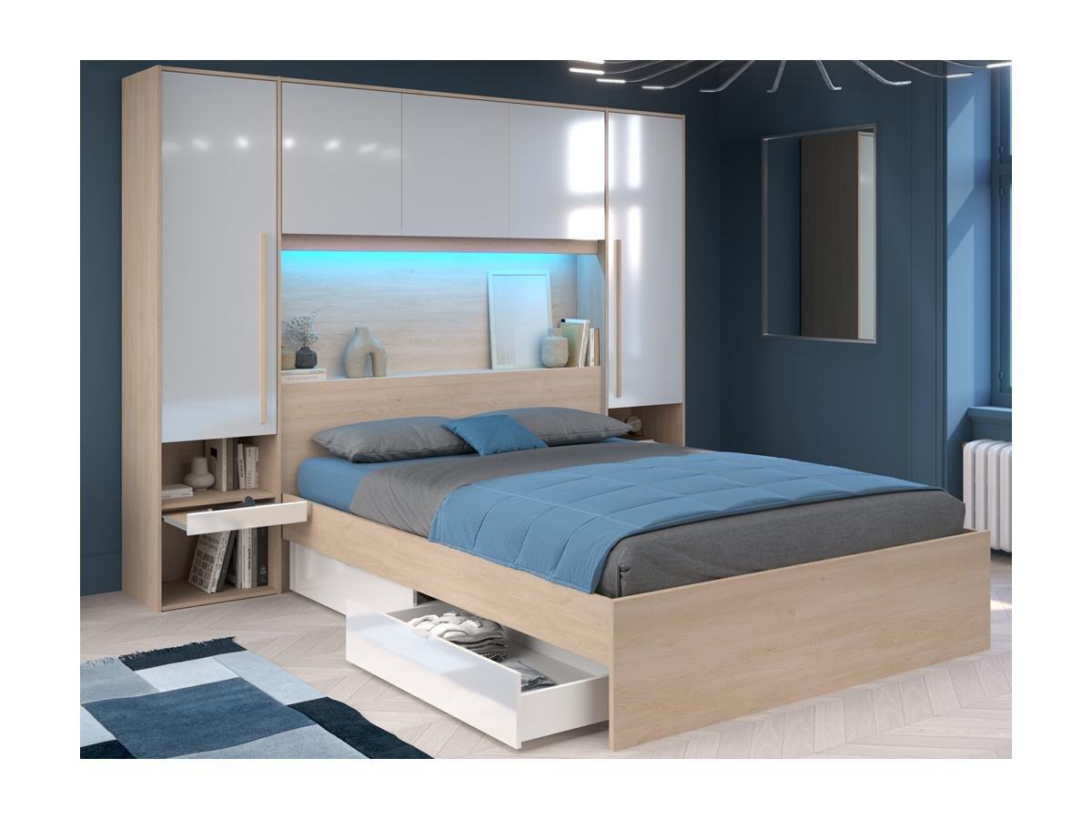 Vente-unique Bett mit Stauraum 160 x 200 cm mit LED-Beleuchtung + Lattenrost - Holzfarben & glänzend - VELONA  